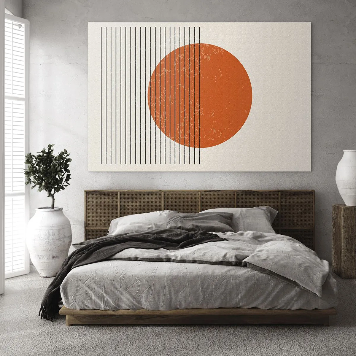 Impression sur verre - Image sur verre - Composition géométrique avec cercle et lignes orange - 70x50cm - Toujours le soleil - Décoration murale moderne pour le salon et la chambre ARTTOR