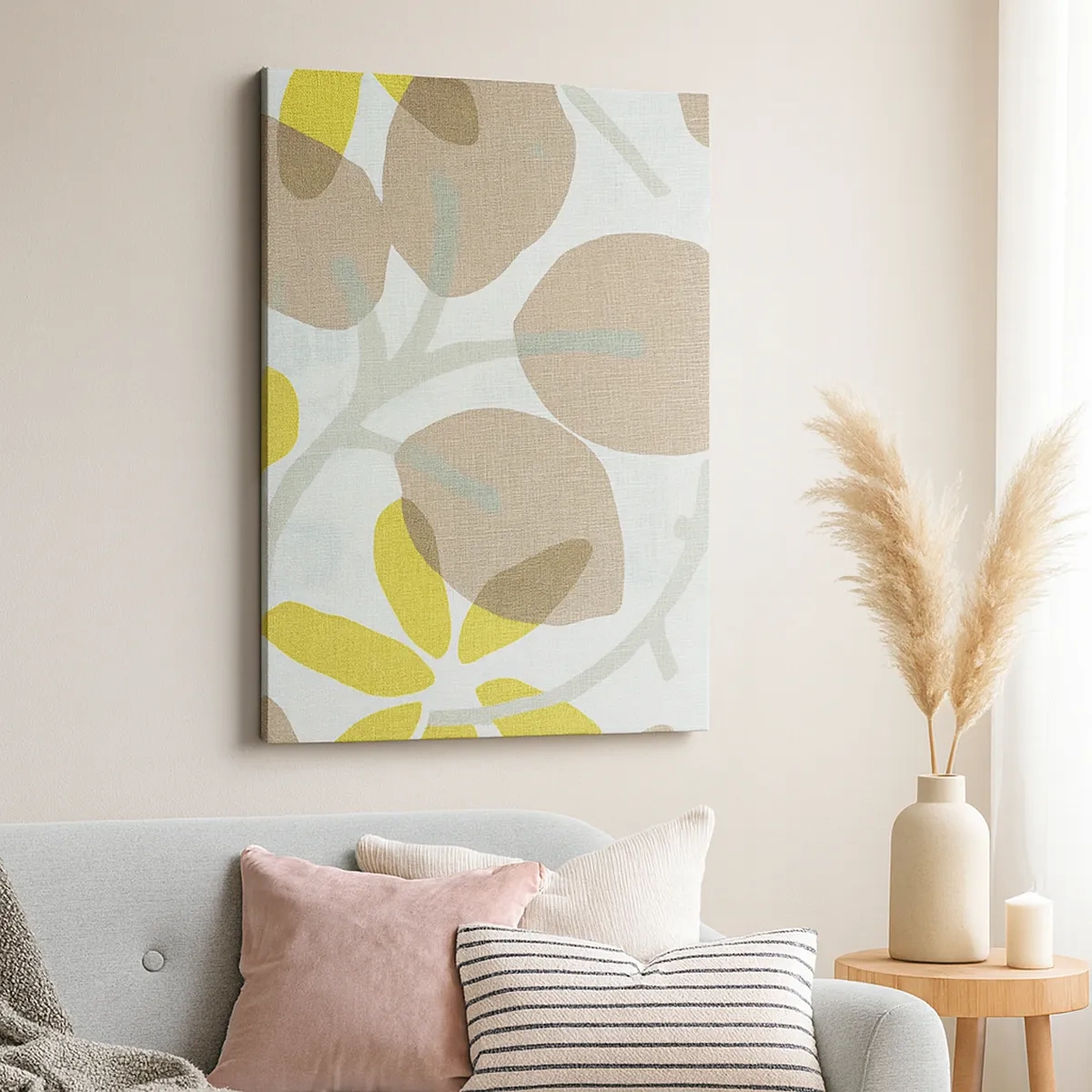 Impression sur toile - Image sur toile - Feuilles abstraites dans les tons beige et jaune - 50x70cm - Composition en plein soleil - Décoration murale moderne pour le salon et la chambre ARTTOR
