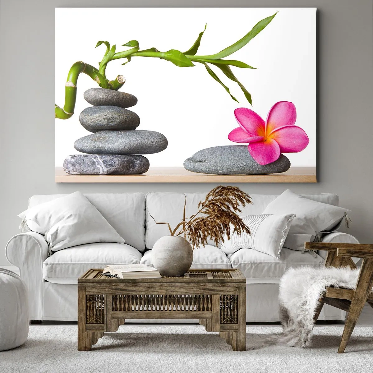 Impression sur toile - Image sur toile - Bambou et fleur rose sur pierres de style zen - 70x50cm - Couleurs de la vie et de la durée - Décoration murale moderne pour le salon et la chambre ARTTOR