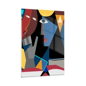 Impression sur verre - Image sur verre - Visages cubistes aux couleurs intenses - 50x70cm - Une conversation entre cubistes - Décoration murale moderne pour le salon et la chambre ARTTOR