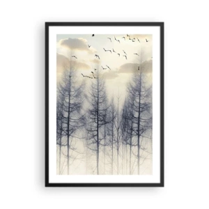 Affiche dans un cadre noir - Poster - Une forêt brumeuse avec de grands arbres et des oiseaux volants le matin - 50x70cm - L'âme de la forêt - Décoration murale moderne pour le salon et la chambre ARTTOR