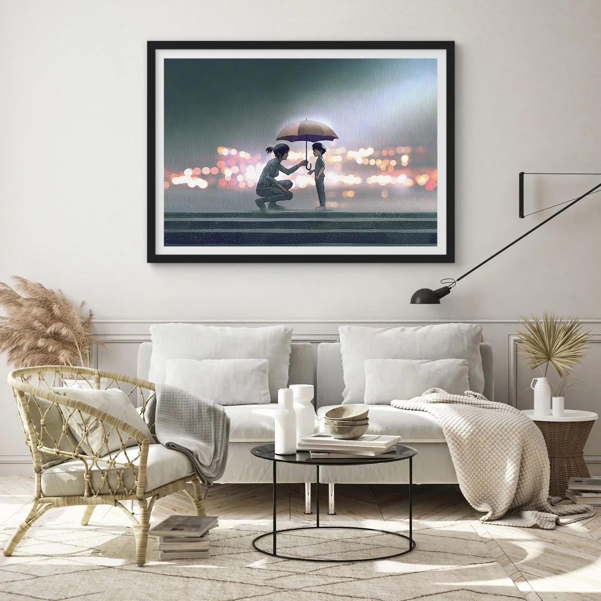 Affiche dans un cadre noir - Poster - Une silhouette avec un parapluie protégeant un enfant sur fond de lumières nocturnes. - 70x50cm - Et maintenant, tout va bien - Décoration murale moderne pour le salon et la chambre ARTTOR