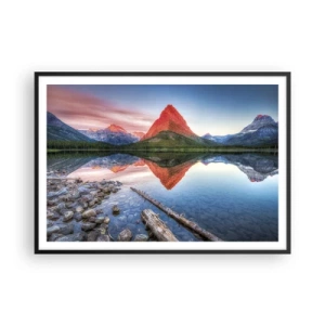 Affiche dans un cadre noir - Poster - Une montagne se reflétant dans un lac au coucher du soleil - 100x70cm - Chaleur et fraicheur - Décoration murale moderne pour le salon et la chambre ARTTOR