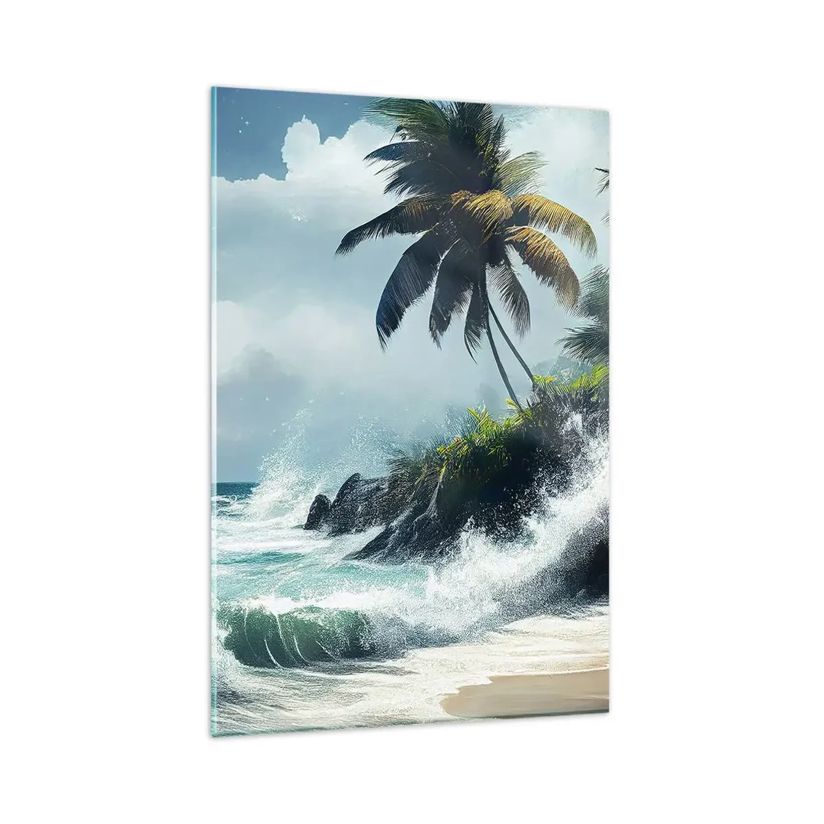 Impression sur verre - Image sur verre - Rivage tropical avec palmiers et mer agitée - 80x120cm - Sur une côte tropicale - Décoration murale moderne pour le salon et la chambre ARTTOR