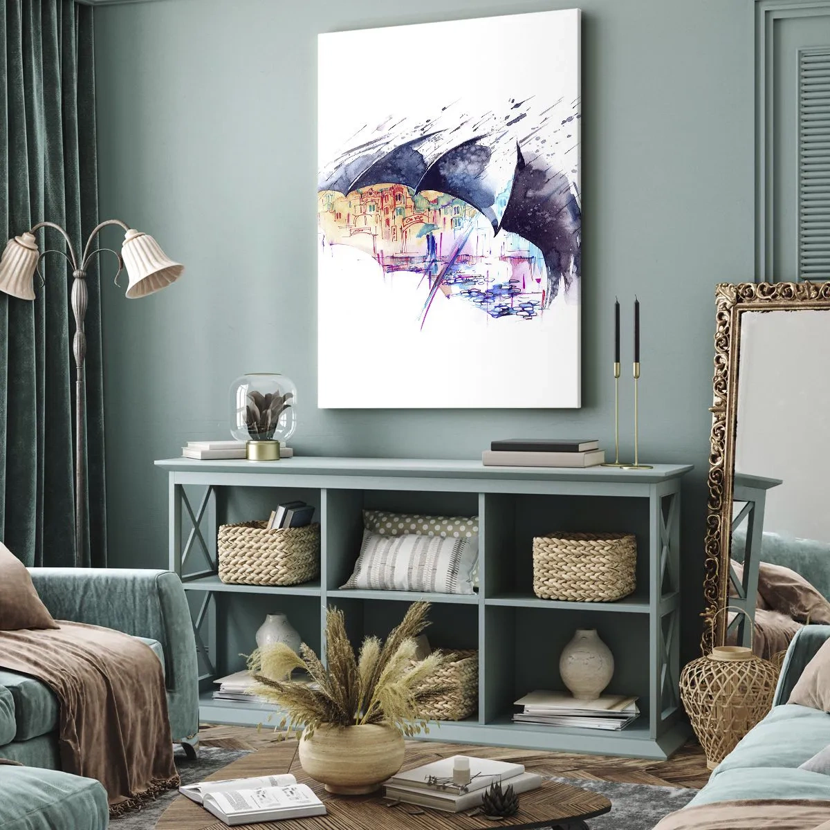 Impression sur toile - Image sur toile - Une ville colorée cachée sous des parapluies abstraits - 50x70cm - Se promener sous la pluie - Décoration murale moderne pour le salon et la chambre ARTTOR