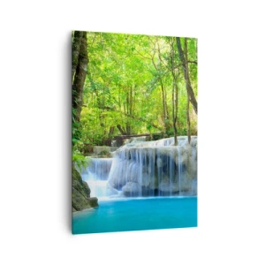 Impression sur toile - Image sur toile - Une cascade parmi des arbres verts avec de l'eau bleue dans un cadre naturel - 70x100cm - Se noyer dans le turquoise et le vert - Décoration murale moderne pour le salon et la chambre ARTTOR