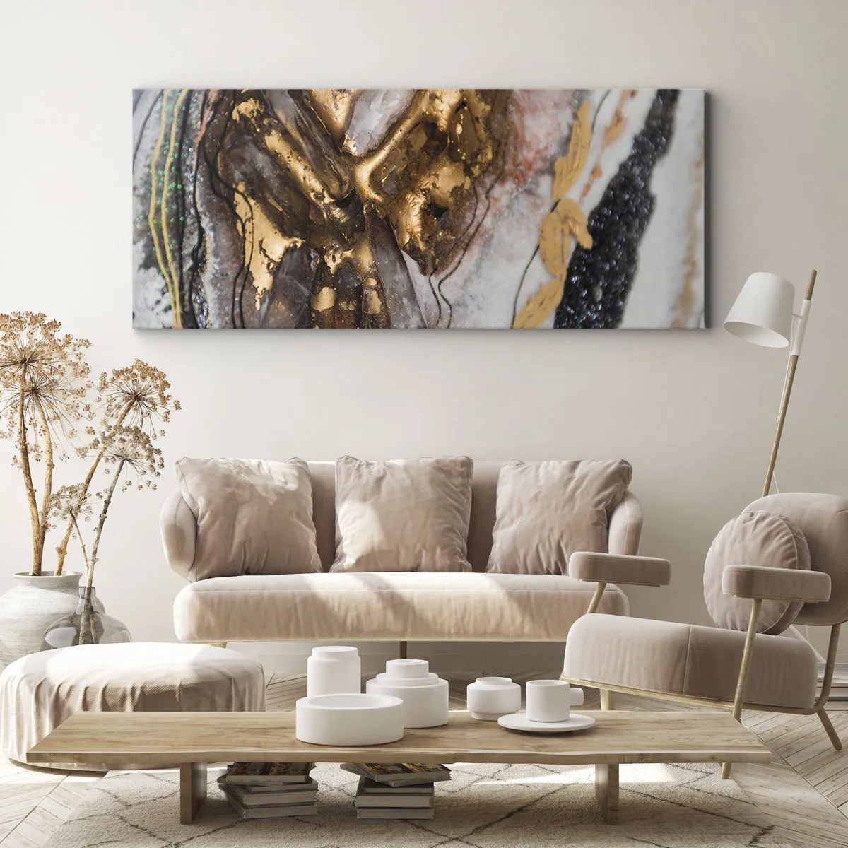 Impression sur toile - Image sur toile - Composition abstraite avec des éléments d'or et de cristaux - 120x50cm - Élément de la terre - Décoration murale moderne pour le salon et la chambre ARTTOR