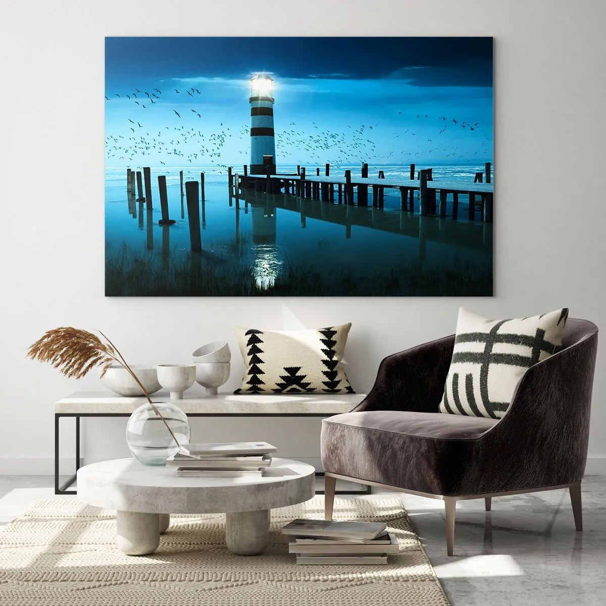 Impression sur verre - Image sur verre - Un phare entouré d'eau calme et d'oiseaux - 100x70cm - Et tu n'as pas peur du noir - Décoration murale moderne pour le salon et la chambre ARTTOR