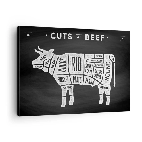 Impression sur toile - Image sur toile - Diagramme des coupes de bœuf sur fond noir - 70x50cm - L'art de la découpe - Décoration murale moderne pour le salon et la chambre ARTTOR