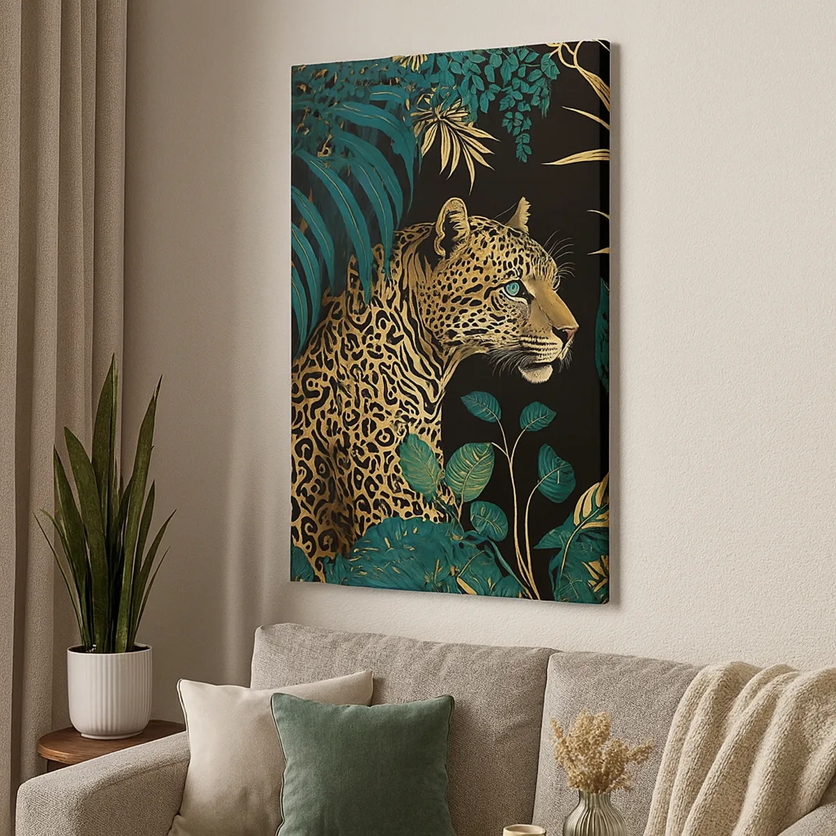 Impression sur toile - Image sur toile - Léopard dans des feuilles tropicales sur fond noir - 50x70cm - Un hôte dans la jungle - Décoration murale moderne pour le salon et la chambre ARTTOR