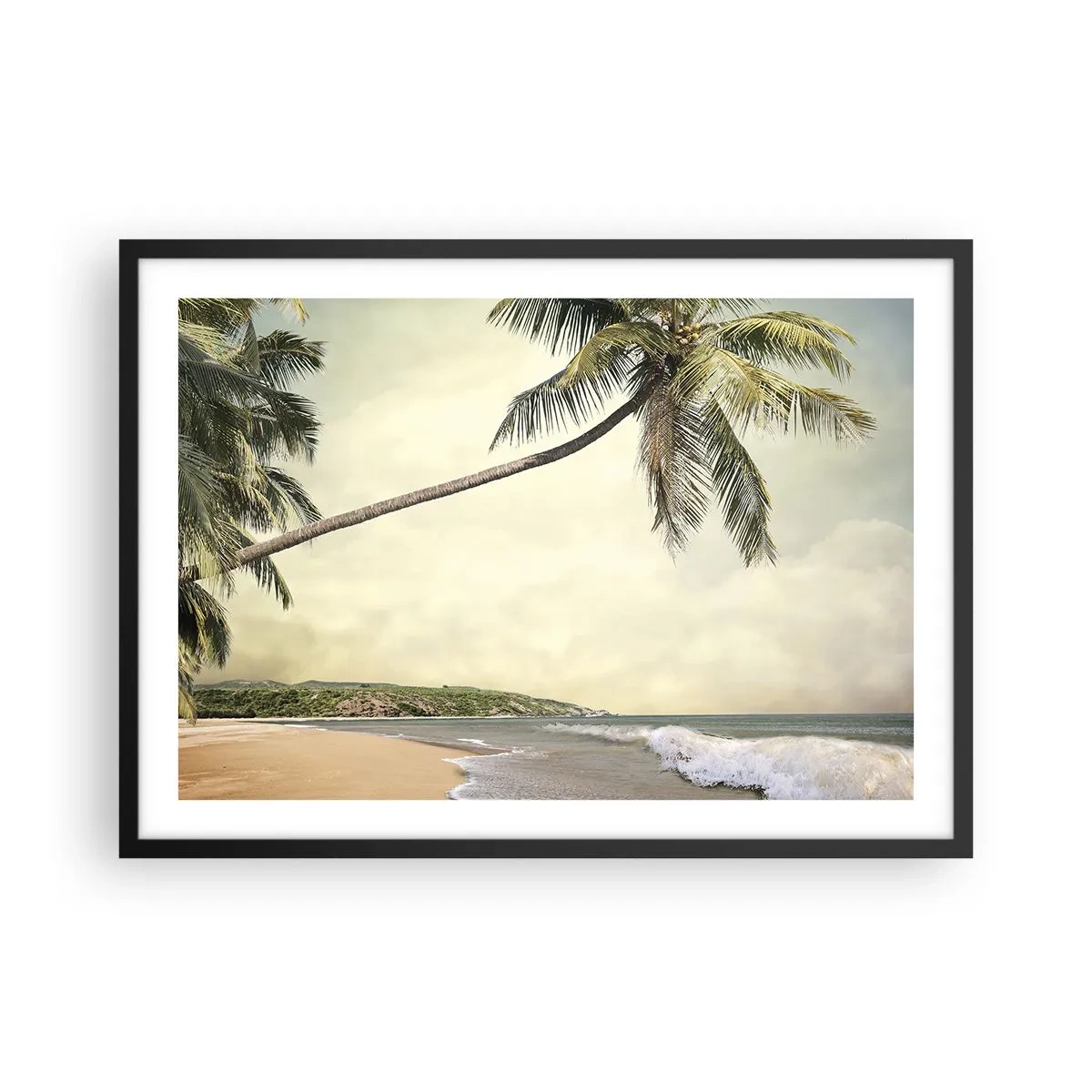 Affiche dans un cadre noir - Poster - Une plage avec des palmiers sur fond de mer calme - 70x50cm - Rêve tropical - Décoration murale moderne pour le salon et la chambre ARTTOR