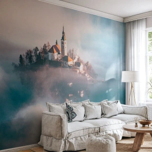 Papier Peint Photo Premium Canvas - Une île pittoresque avec une église entourée de brouillard - 100x70cm - Île de rêve - Décoration murale moderne pour le salon et la chambre ARTTOR