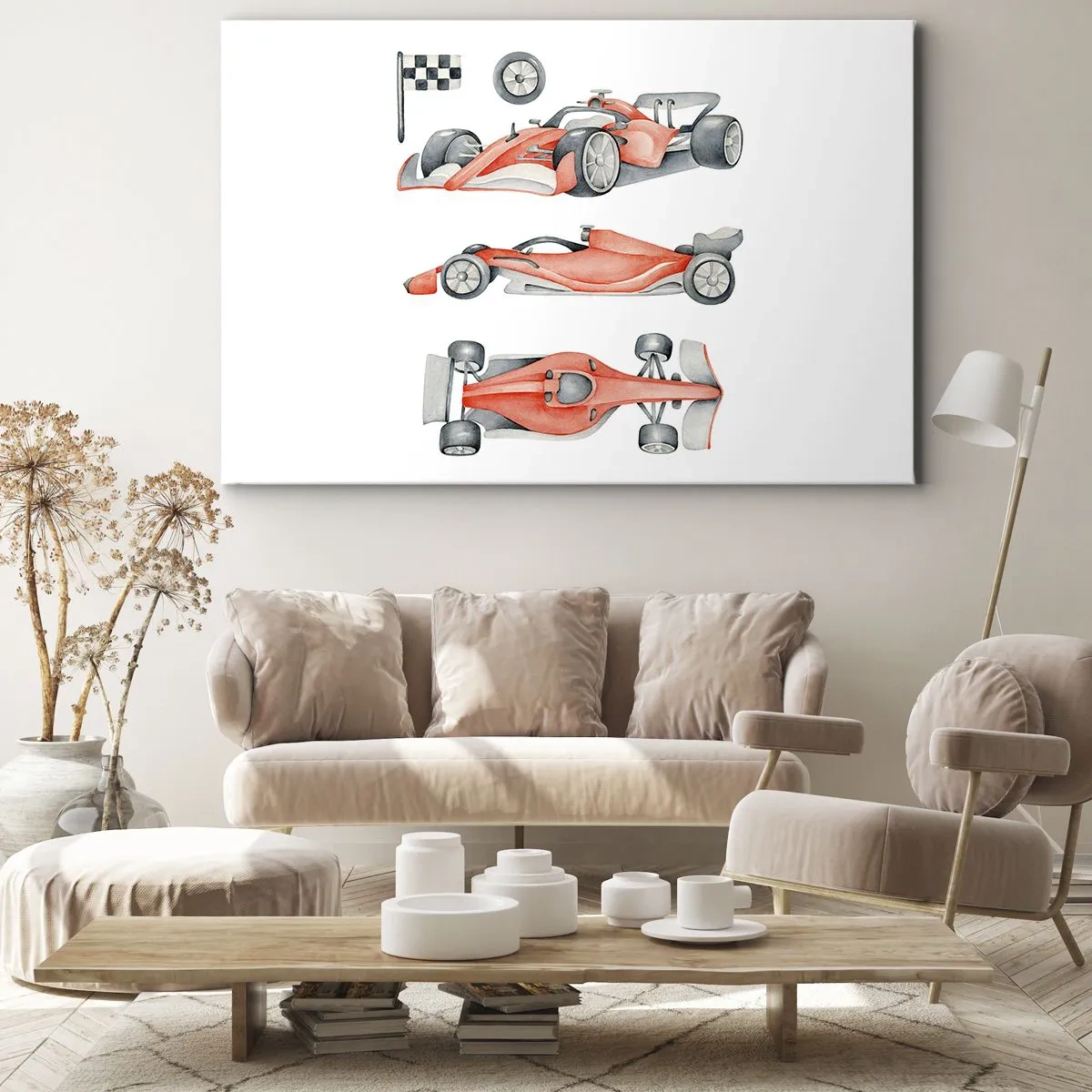 Impression sur toile - Image sur toile - Une voiture de course rouge avec un drapeau à damier - 100x70cm - poursuis ton rêve - Décoration murale moderne pour le salon et la chambre ARTTOR