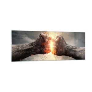 Impression sur verre - Image sur verre - Poings serrés dans une scène d'incendie dynamique - 140x50cm - Lève-toi pour le combat - Décoration murale moderne pour le salon et la chambre ARTTOR