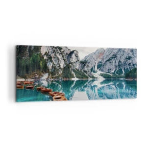 Impression sur toile - Image sur toile - Un lac avec des bateaux entouré de montagnes - 120x50cm - On va te montrer la beauté - Décoration murale moderne pour le salon et la chambre ARTTOR