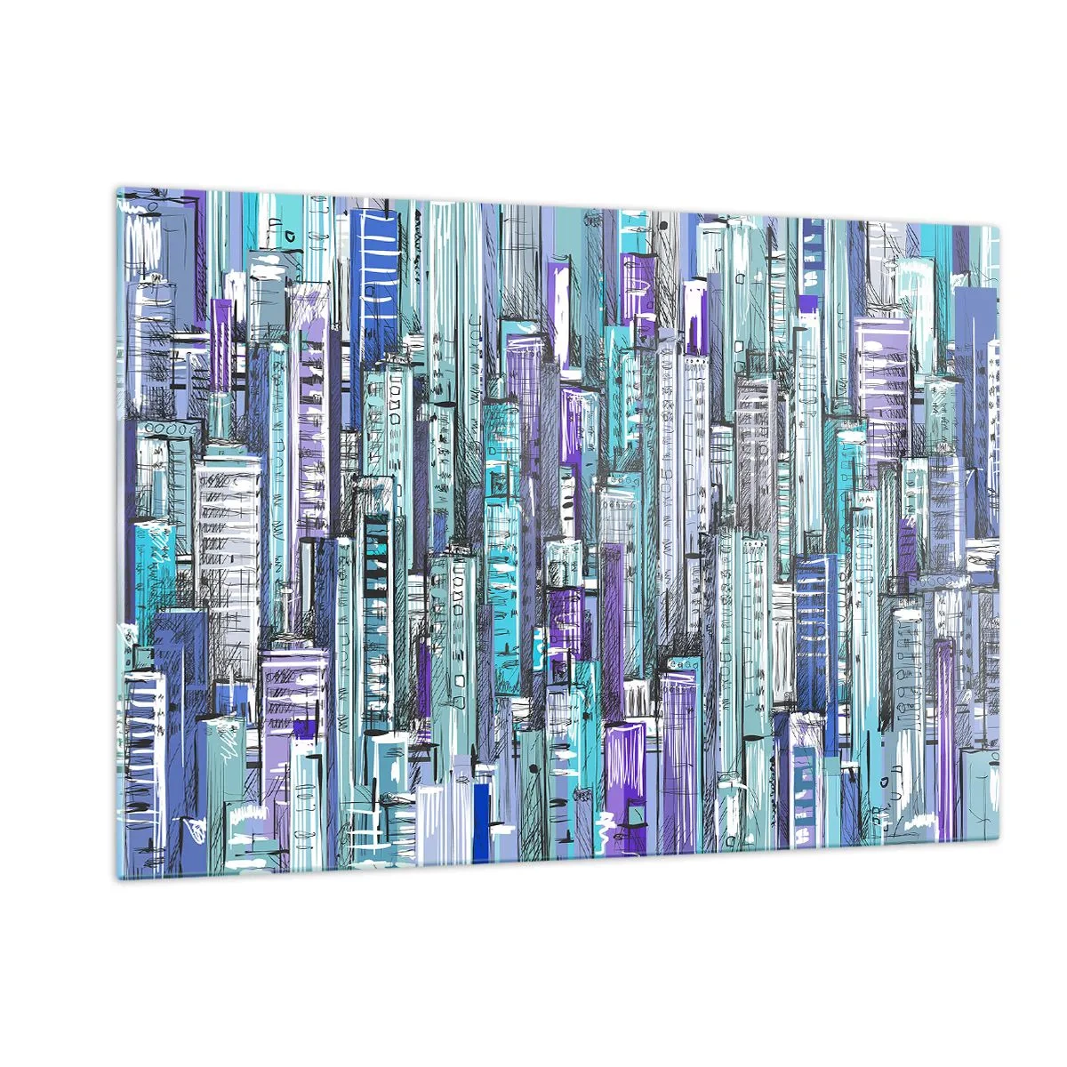 Impression sur verre - Image sur verre - Illustration d'une ville pleine de gratte-ciels aux teintes froides - 120x80cm - Bleuâtre avec le ciel - Décoration murale moderne pour le salon et la chambre ARTTOR