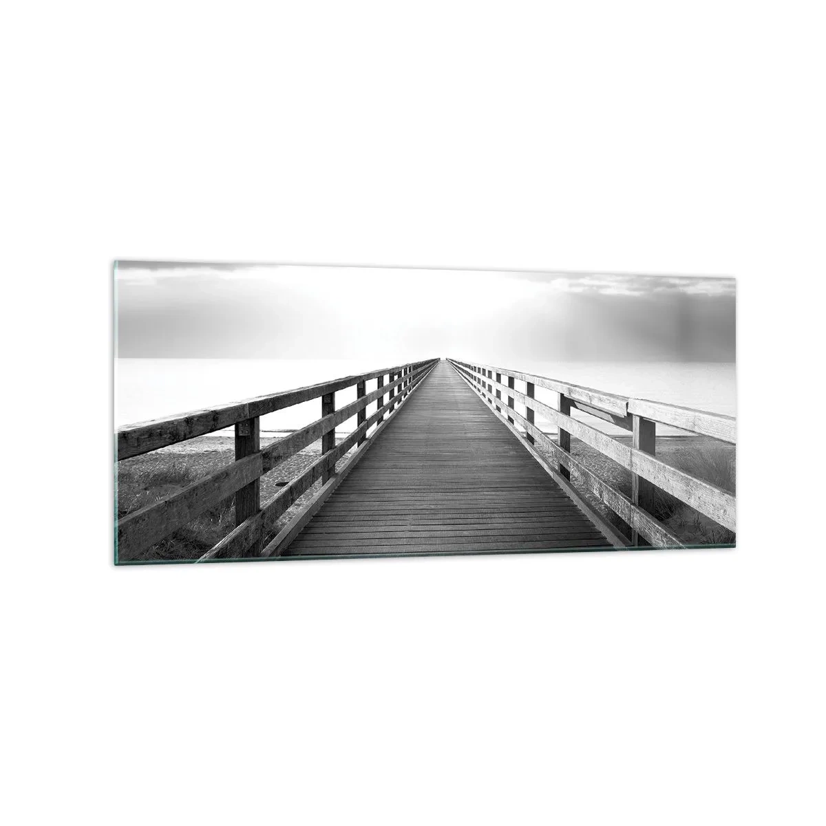 Impression sur verre - Image sur verre - Une image en noir et blanc d'une jetée en bois menant vers l'horizon. - 120x50cm - A perte de vue... - Décoration murale moderne pour le salon et la chambre ARTTOR
