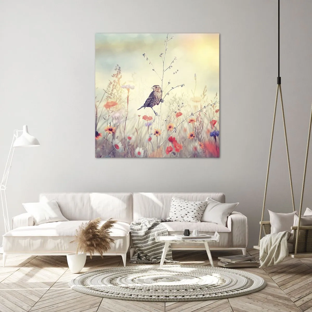 Impression sur toile - Image sur toile - Portrait d'oiseau sur pré en fond - 70x70 cm