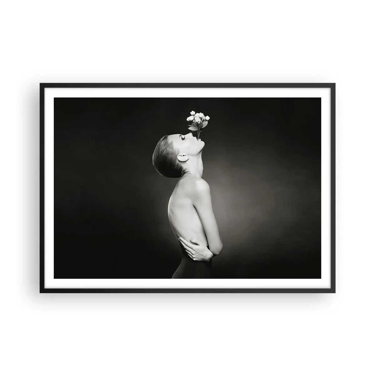 Affiche dans un cadre noir - Poster - Silhouette noire et blanche d'une femme avec une fleur - 100x70cm - Elégance excentrique - Décoration murale moderne pour le salon et la chambre ARTTOR