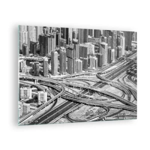 Impression sur verre - Image sur verre - Panorama noir et blanc de la ville avec un carrefour autoroutier - 70x50cm - Dubaï - la ville impossible - Décoration murale moderne pour le salon et la chambre ARTTOR