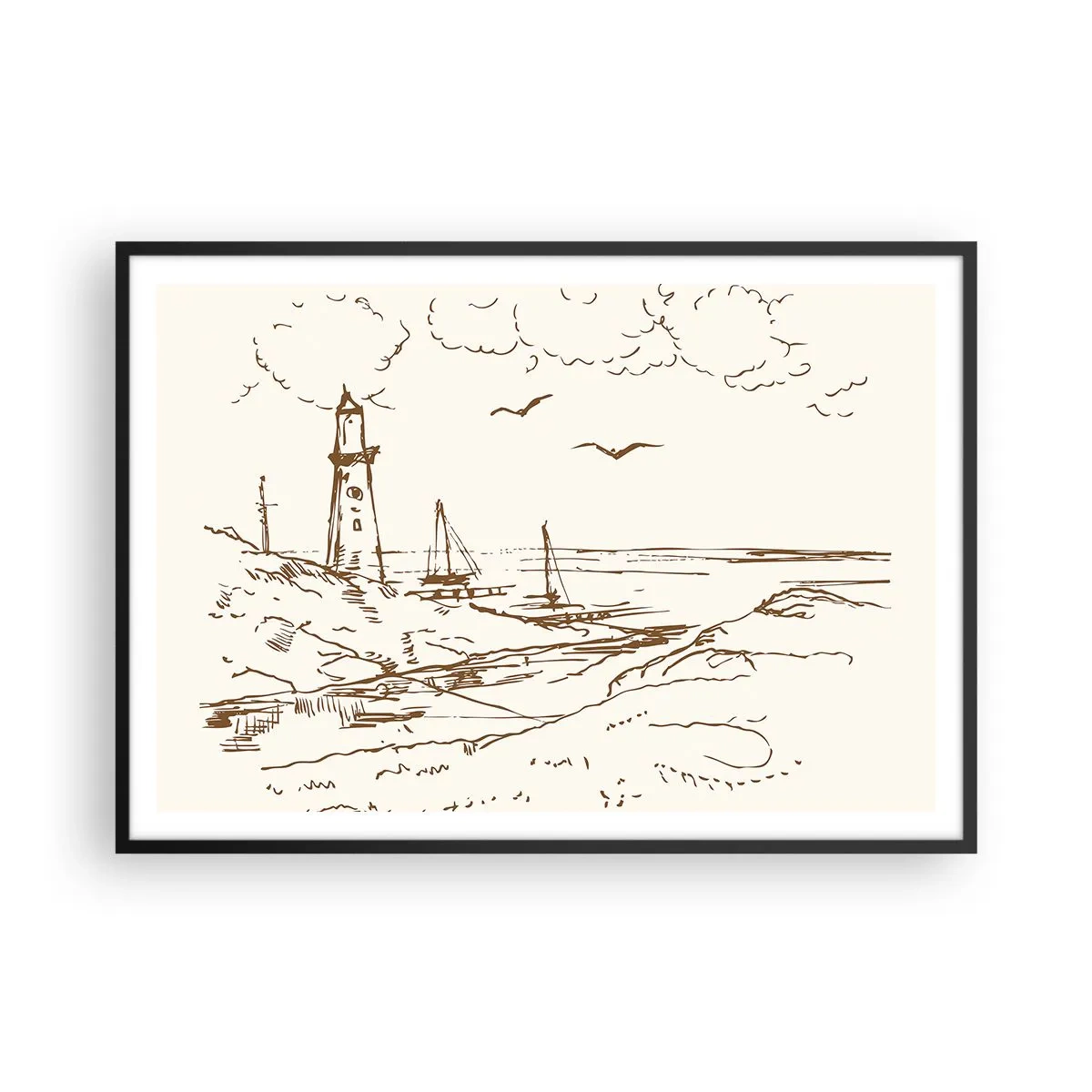 Affiche dans un cadre noir - Poster - Croquis d'un phare surplombant la mer - 100x70cm - Esquisse de souvenirs d'été - Décoration murale moderne pour le salon et la chambre ARTTOR