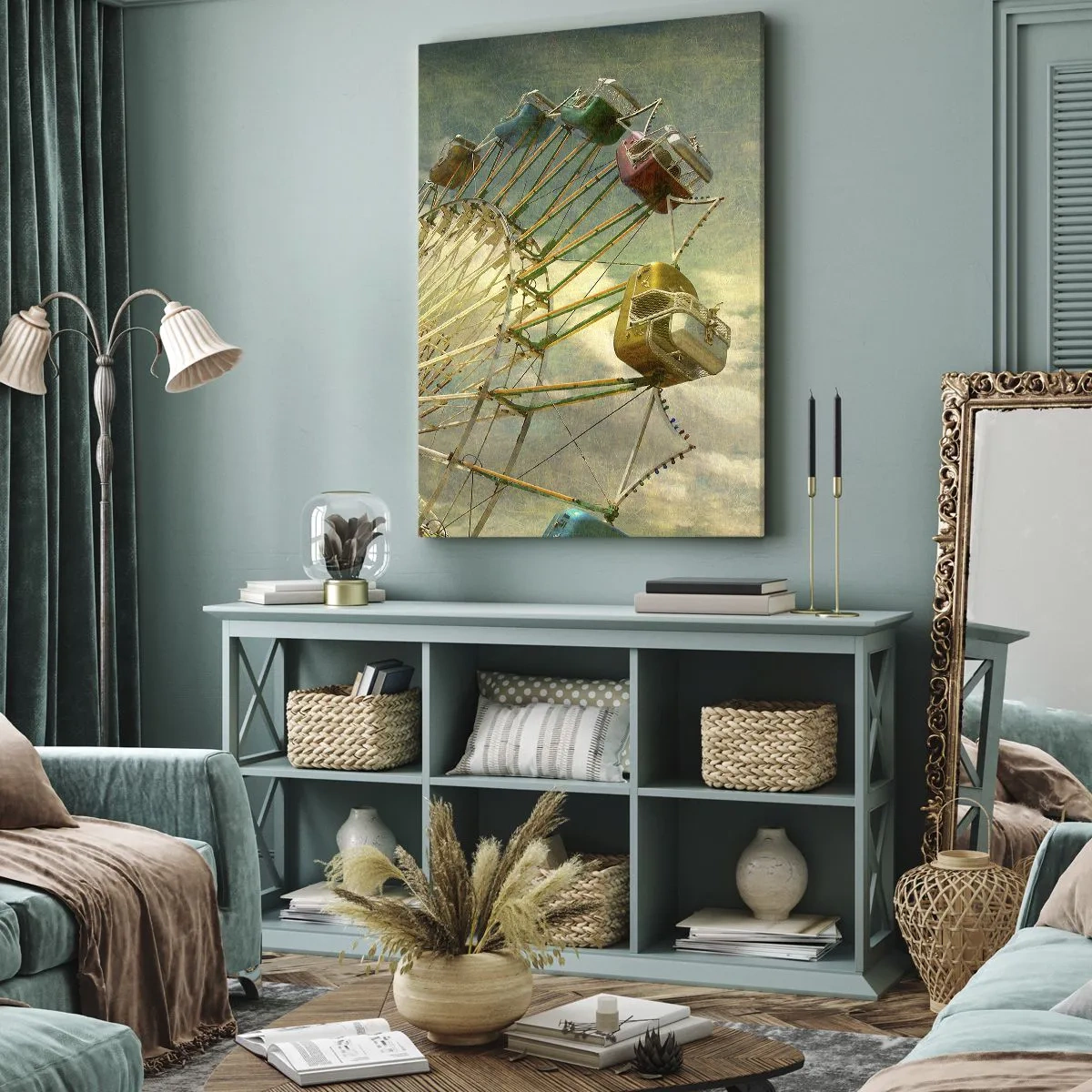 Impression sur toile - Image sur toile - Photo rétro d'une grande roue avec des palmiers contre le ciel - 50x70cm - On va faire la fête - Décoration murale moderne pour le salon et la chambre ARTTOR
