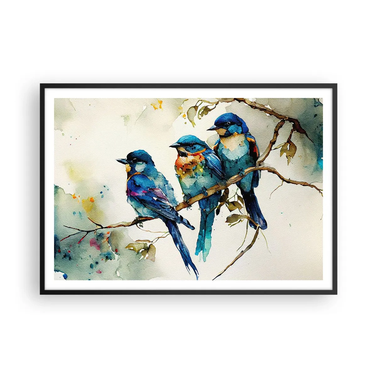 Affiche dans un cadre noir - Poster - Trois oiseaux colorés sur une branche dans un style aquarelle - 100x70cm - A-t-il été offensé ? - Décoration murale moderne pour le salon et la chambre ARTTOR