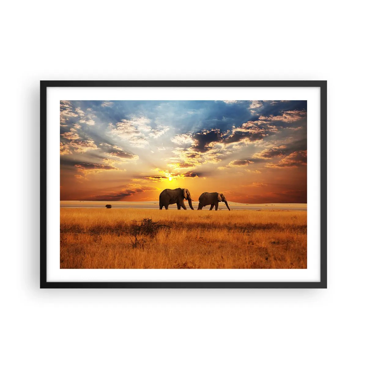 Affiche dans un cadre noir - Poster - Éléphants dans la savane au coucher du soleil - 70x50cm - Déambulation familliale - Décoration murale moderne pour le salon et la chambre ARTTOR