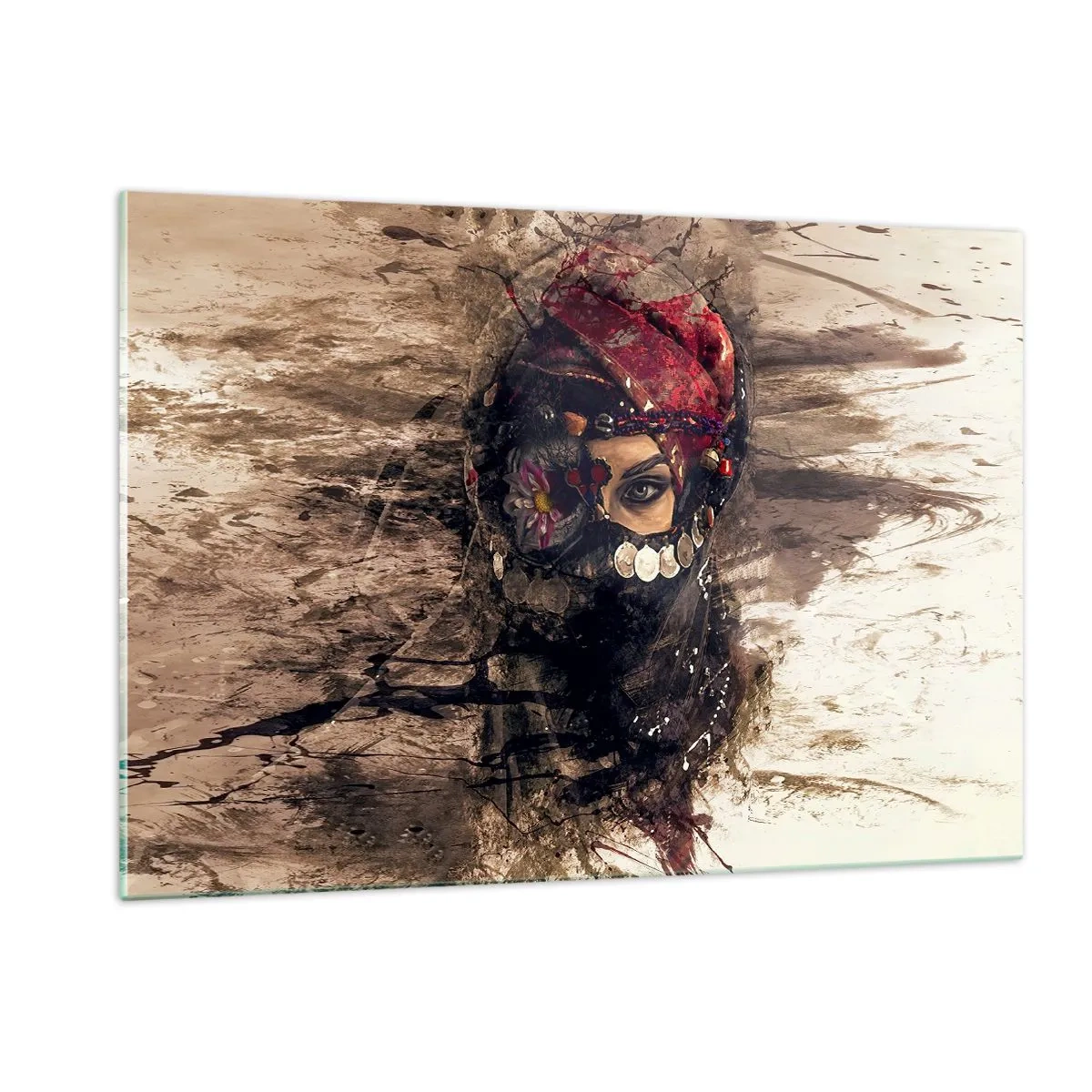 Impression sur verre - Image sur verre - Portrait d'une femme mystérieuse au turban rouge - 120x80cm - Inquiétant, c'est le moins qu'on puisse dire - Décoration murale moderne pour le salon et la chambre ARTTOR