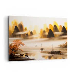Impression sur toile - Image sur toile - Un paysage oriental avec une rivière, des montagnes et un doux brouillard. - 100x70cm - Plus loin que l'Extrême-Orient - Décoration murale moderne pour le salon et la chambre ARTTOR