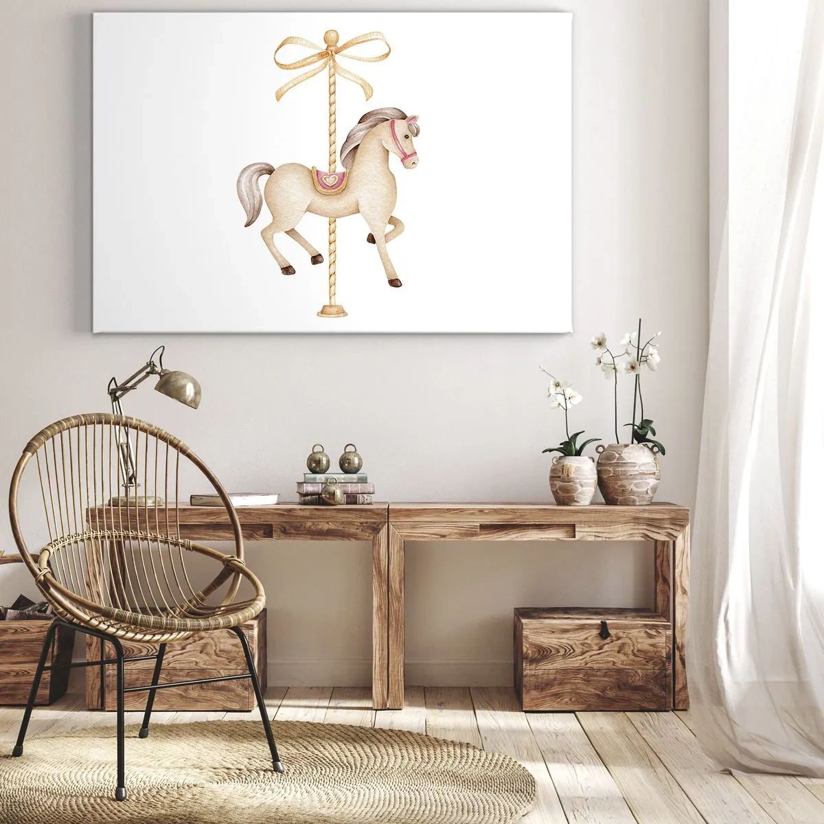 Impression sur toile - Image sur toile - Un cheval de carrousel avec un arc dans des pastels délicats - 100x70cm - Un trot gracieux - Décoration murale moderne pour le salon et la chambre ARTTOR