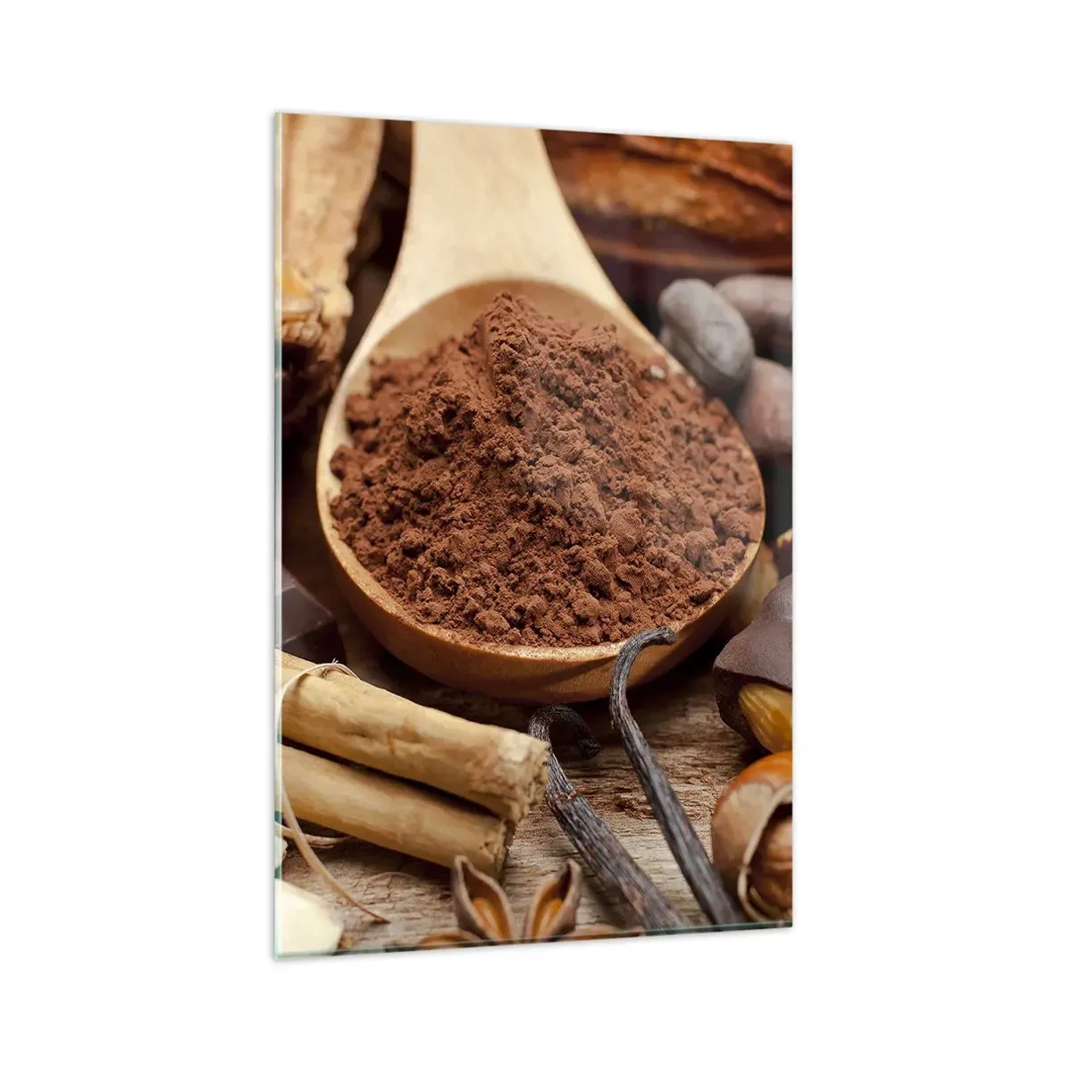 Impression sur verre - Image sur verre - Une cuillerée d'ingrédients à base de cacao et de chocolat dans un arrangement rustique - 80x120cm - La meilleure pour les chagrins - Décoration murale moderne pour le salon et la chambre ARTTOR
