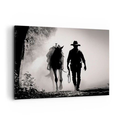Impression sur toile - Image sur toile - Cowboy avec cheval dans le brouillard matinal - 100x70cm - Matinée texane - Décoration murale moderne pour le salon et la chambre ARTTOR