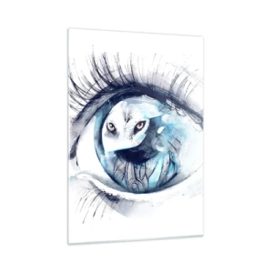 Impression sur verre - Image sur verre - Un œil de femme avec un motif de hibou dans un style aquarelle - 50x70cm - Face à face avec la nature sauvage - Décoration murale moderne pour le salon et la chambre ARTTOR