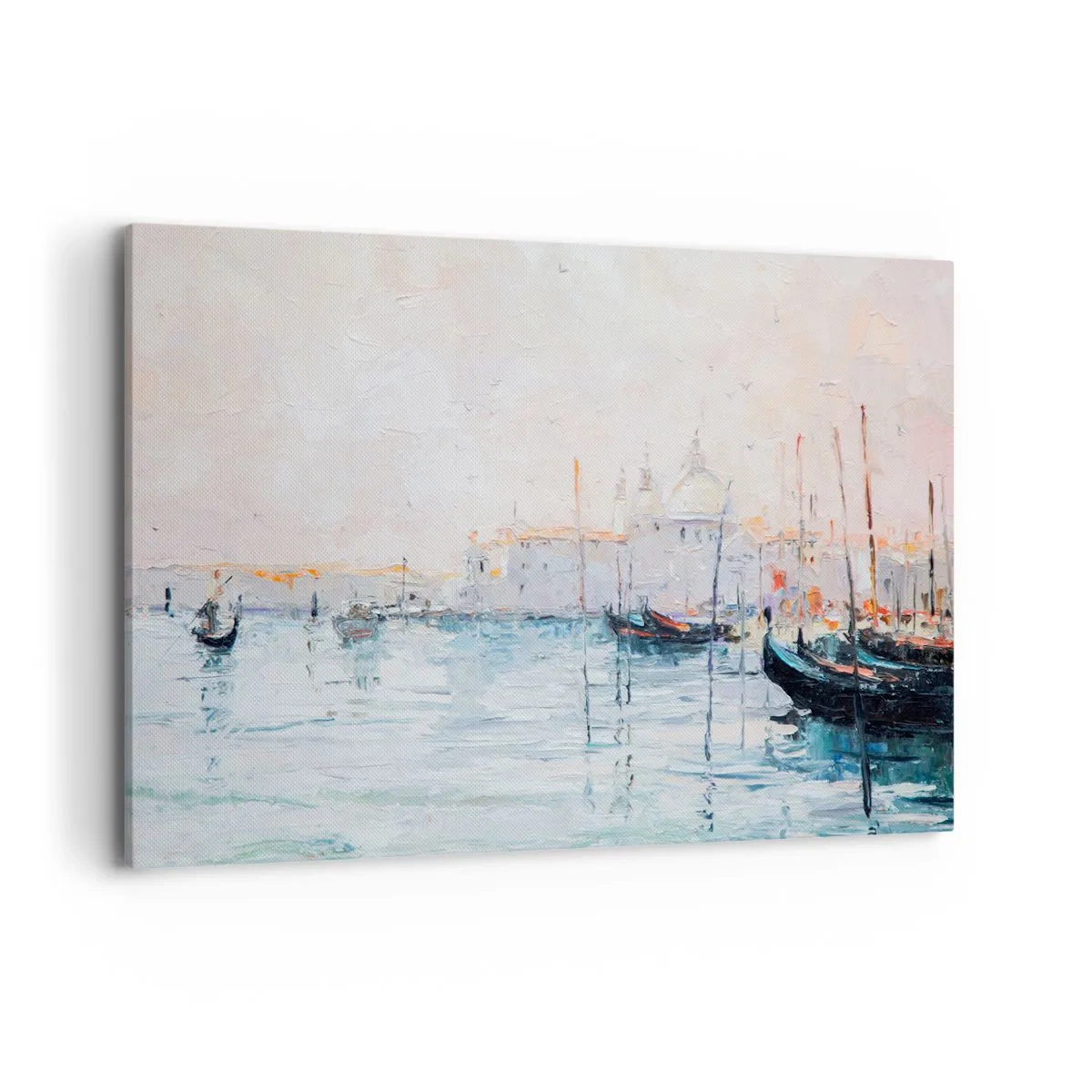 Impression sur toile - Image sur toile - Vue pittoresque des canaux avec des bateaux aux couleurs pastel - 120x80cm - Derrière l'eau, derrière le brouillard - Décoration murale moderne pour le salon et la chambre ARTTOR