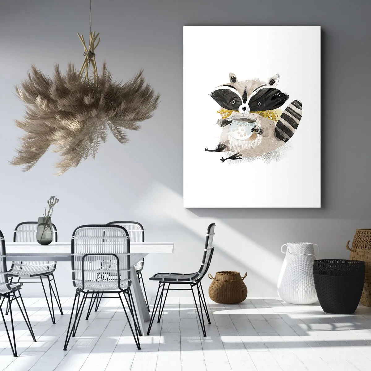 Impression sur toile - Image sur toile - Adorable raton laveur tenant une tasse de couleur pastel - 50x70cm - Mon ami le raton laveur - Décoration murale moderne pour le salon et la chambre ARTTOR