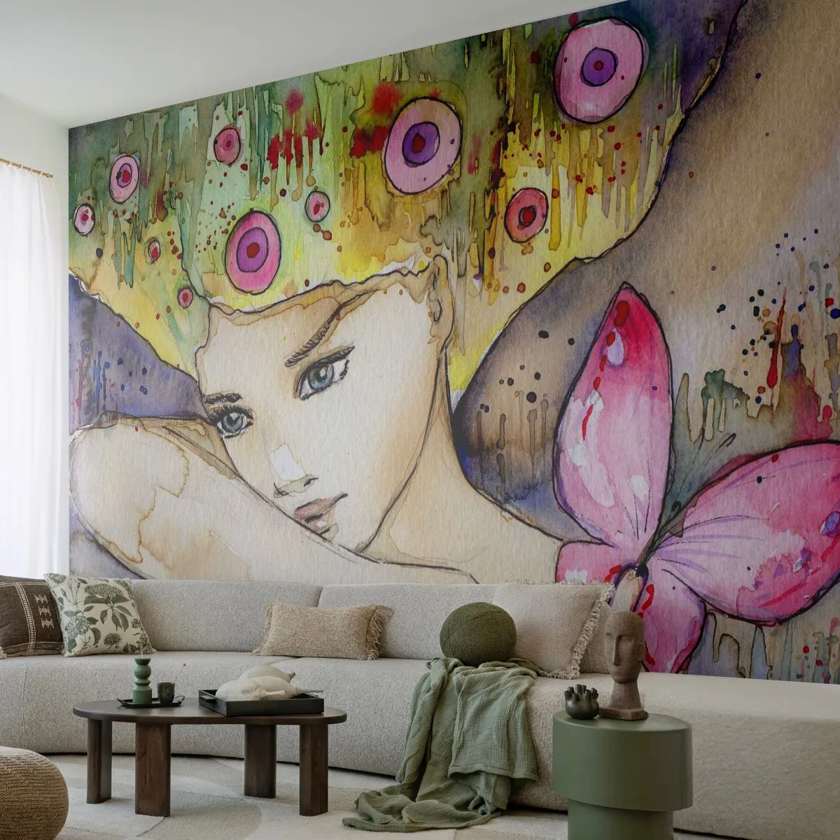 Papier Peint Photo Premium Sand - La princesse papillon - Abstraction, Femme, Aquarelles - 400x280 cm