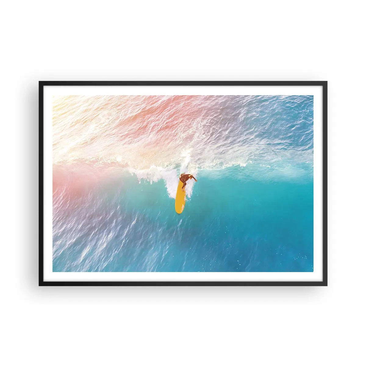 Affiche dans un cadre noir - Poster - Surfeur sur une vague aux couleurs pastel - 100x70cm - Le cavalier de l'océan - Décoration murale moderne pour le salon et la chambre ARTTOR