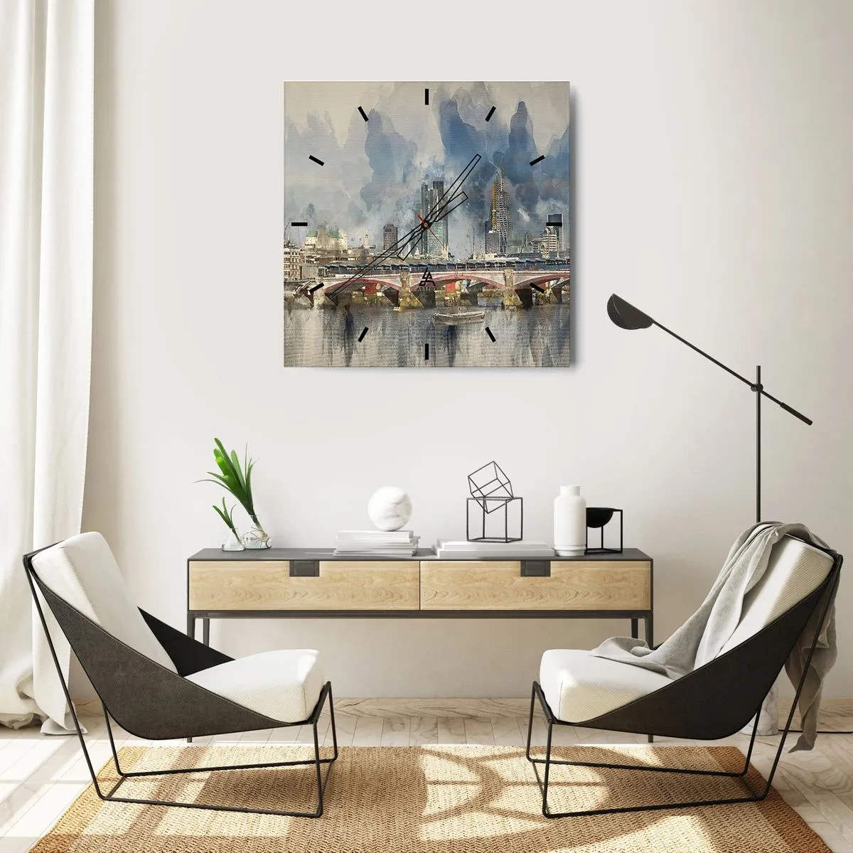 Horloge murale - Pendule murale - Vue à l'aquarelle du pont et des toits de la ville - 30x30cm - Londres dans toute sa splendeur - Décoration murale moderne pour le salon et la chambre ARTTOR