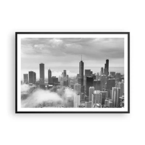 Affiche dans un cadre noir - Poster - Panorama de la ville avec des gratte-ciels dans les nuages en noir et blanc - 100x70cm - Paysage américain - Décoration murale moderne pour le salon et la chambre ARTTOR