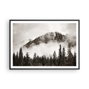 Affiche dans un cadre noir - Poster - Un sommet de montagne pittoresque entouré de brouillard et d'une forêt aux tons sépia - 100x70cm - Seigneur de granite - Décoration murale moderne pour le salon et la chambre ARTTOR