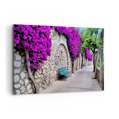 Impression sur toile - Image sur toile - Un chemin de pierre avec un banc et des fleurs violettes en fleurs - 100x70cm - Rencontrons-nous au plus vite - Décoration murale moderne pour le salon et la chambre ARTTOR