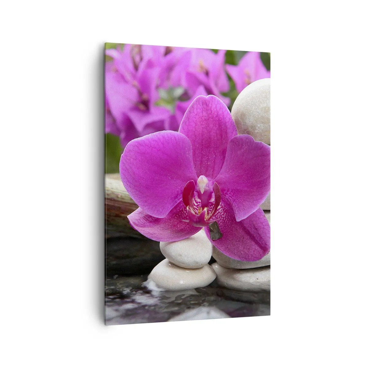 Impression sur toile - Image sur toile - Orchidée violette, pierres et bambou avec de l'eau dans un cadre relaxant - 80x120cm - Tu te reposes déjà - Décoration murale moderne pour le salon et la chambre ARTTOR