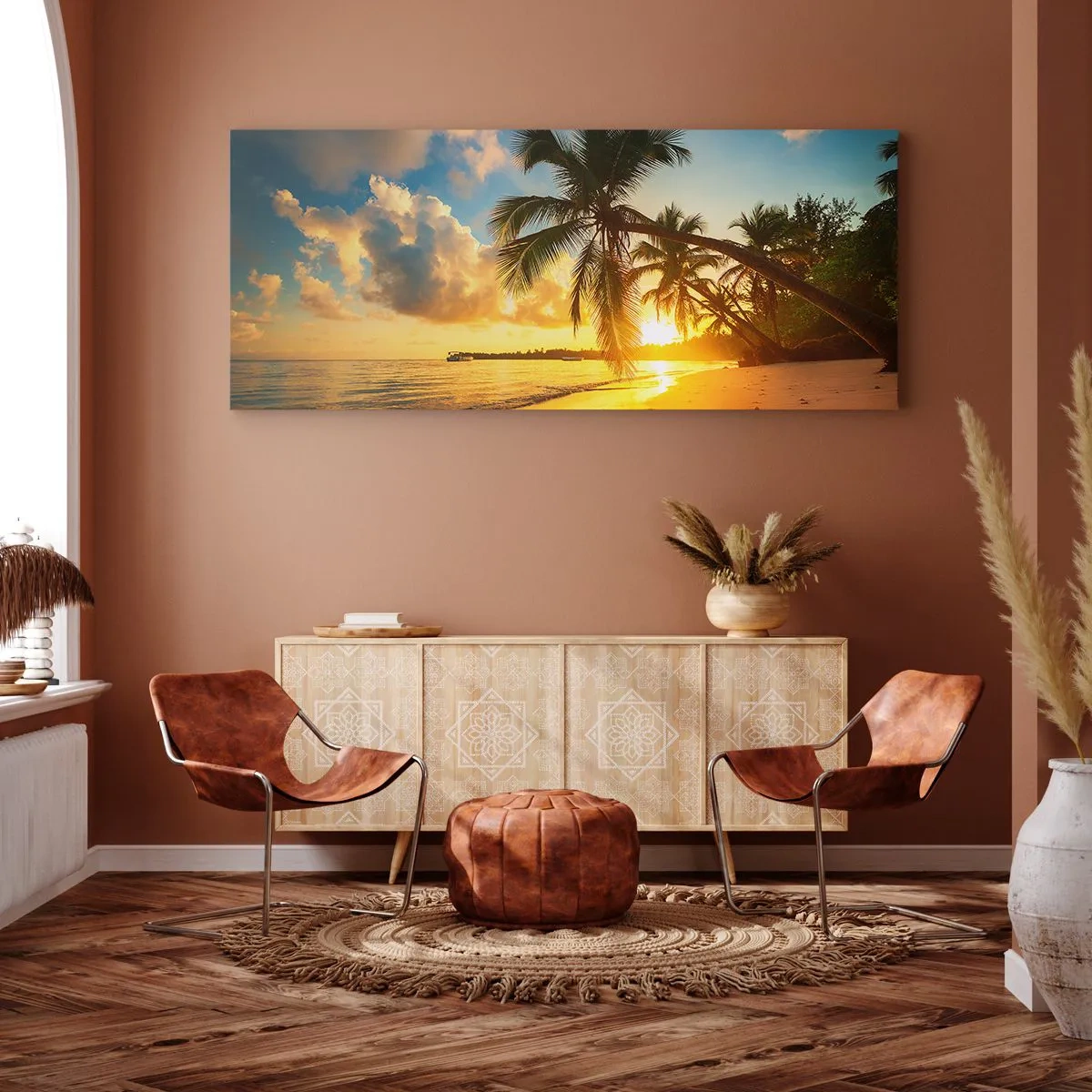 Impression sur toile - Image sur toile - Plage au coucher du soleil avec des palmiers au bord de la mer - 120x50cm - Rêve caribéen - Décoration murale moderne pour le salon et la chambre ARTTOR