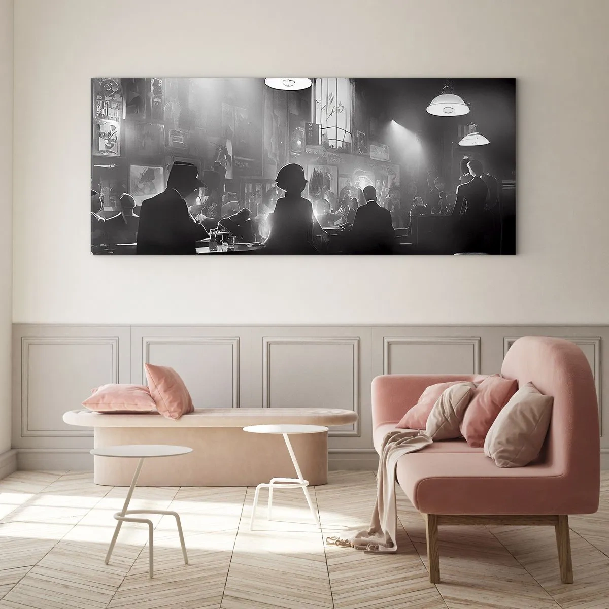 Impression sur verre - Image sur verre - Scène de boîte de nuit de jazz en noir et blanc - 160x50cm - Dans une ambiance jazz - Décoration murale moderne pour le salon et la chambre ARTTOR