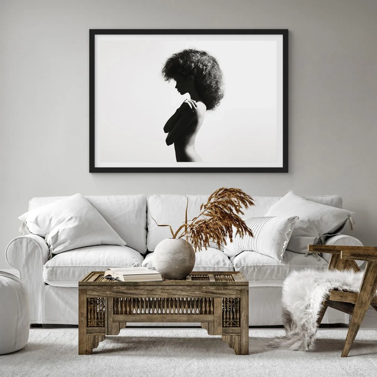 Affiche dans un cadre noir - Poster - Une silhouette subtile d'une femme dans des tons noirs et blancs sur un fond clair - 100x70cm - Comme une fleur au bout d'une fine tige - Décoration murale moderne pour le salon et la chambre ARTTOR