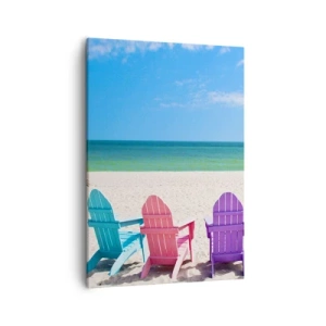 Impression sur toile - Image sur toile - Chaises longues colorées sur la plage avec vue sur la mer - 50x70cm - Plage arc-en-ciel - Décoration murale moderne pour le salon et la chambre ARTTOR