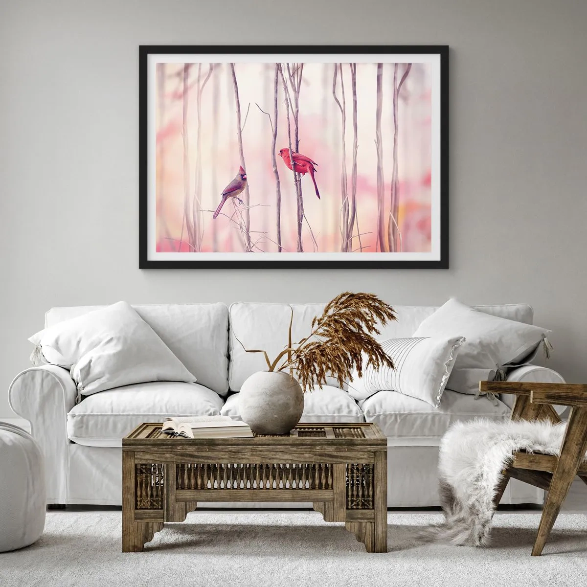 Affiche dans un cadre noir - Poster - Un couple de cardinaux perchés sur des branches dans un paysage pastel - 70x50cm - Conte de la forêt rose - Décoration murale moderne pour le salon et la chambre ARTTOR