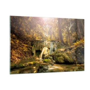 Impression sur verre - Image sur verre - Cascade forestière dans la verdure - 120x80cm - Cascade de forêt en vert - Décoration murale moderne pour le salon et la chambre ARTTOR