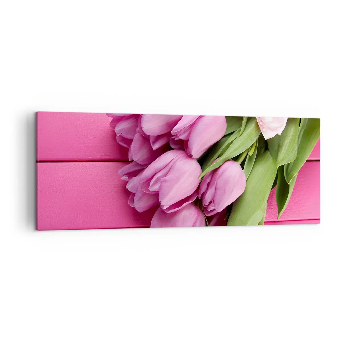 Impression sur toile - Image sur toile - Un bouquet de tulipes roses avec un nœud sur un fond rose - 140x50cm - Juste pour toi - Décoration murale moderne pour le salon et la chambre ARTTOR